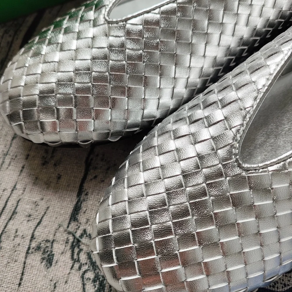 Bottega Veneta Silver Woven Leather Ballet Flats